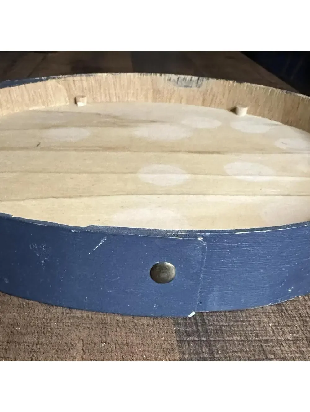 Hand-Painted Wooden Round Box with Blue and Natural Finish